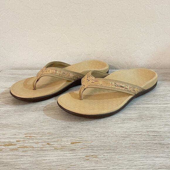 Vionic 8 Sandals Flip Flop Tide II Tan Gold Cork - Picture 1 of 12